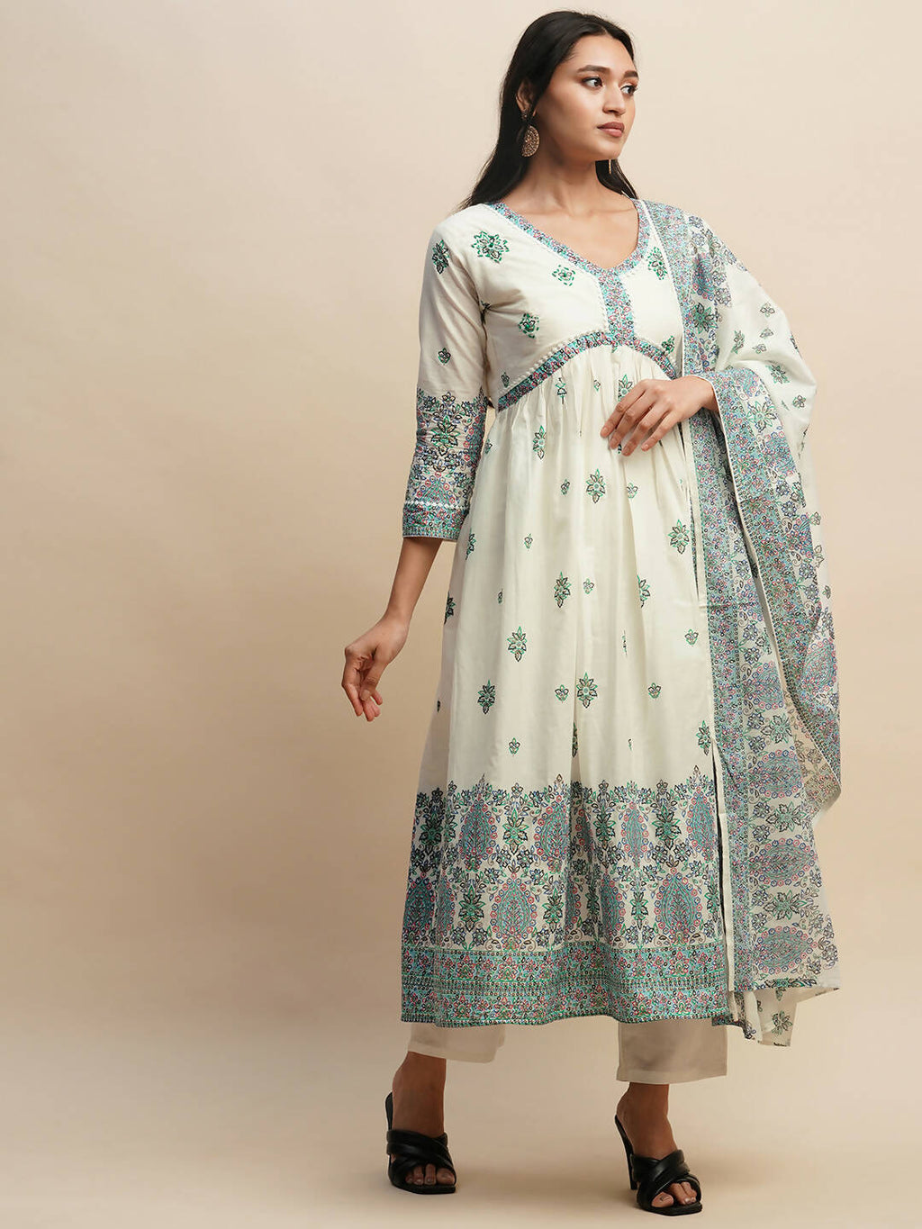 White And Blue Pure Cotton Floral Printed Anarkali Kurta And Bottom With Dupatta - Akashara