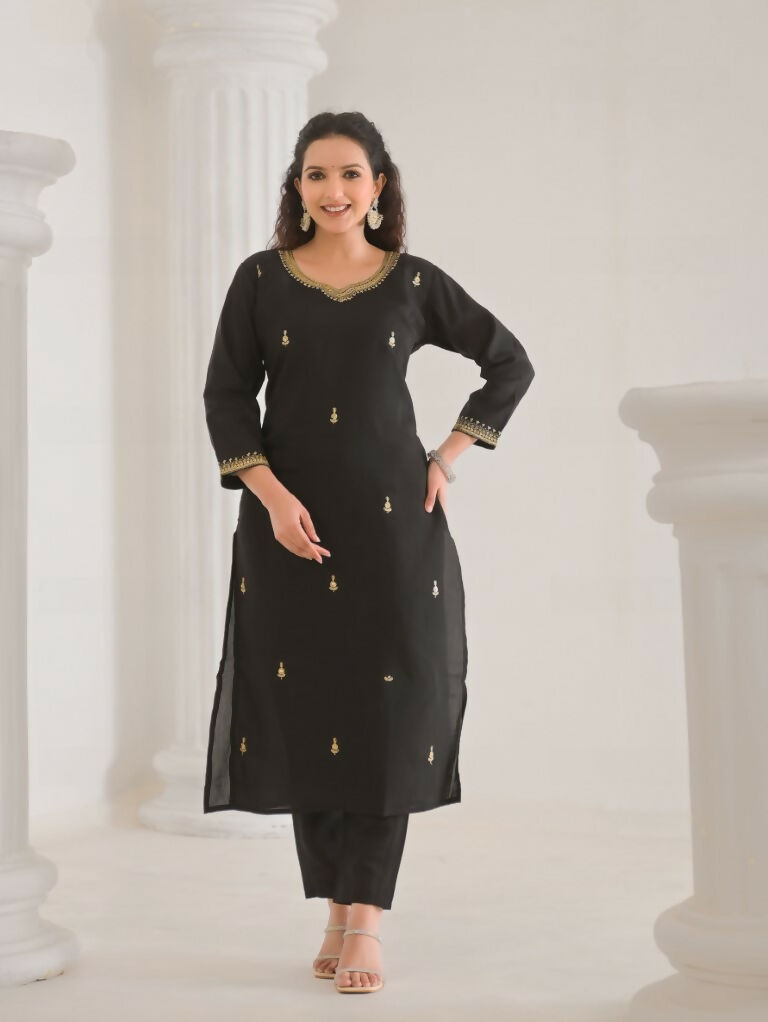Ethnic Festive Wear Viscose Chanderi Black Stitched Suit With Dupatta - Tanisha