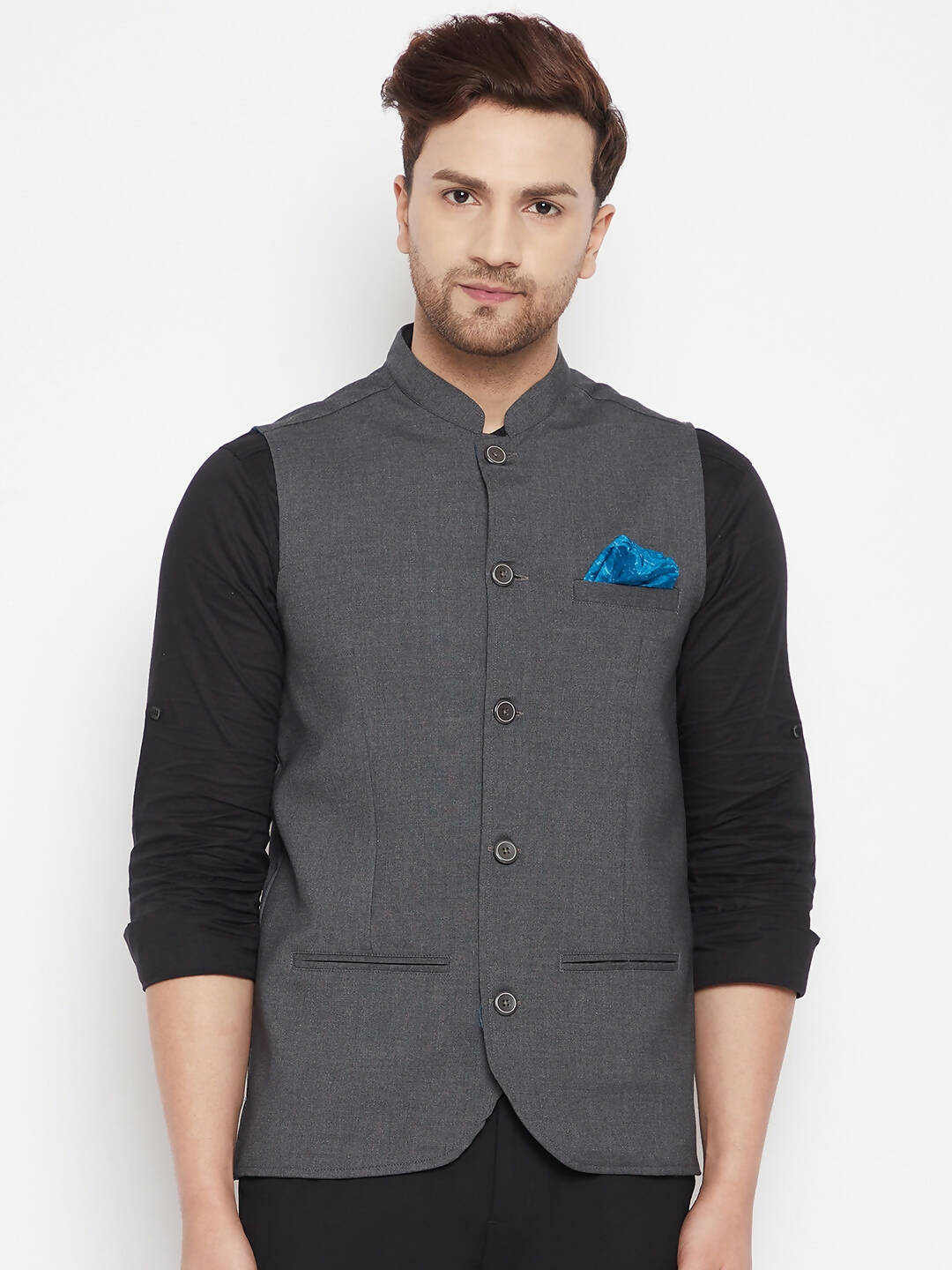 Even Apparels Grey Merino Men's Nehru Jacket-Contrast Lining-Free Pocket Square PW691