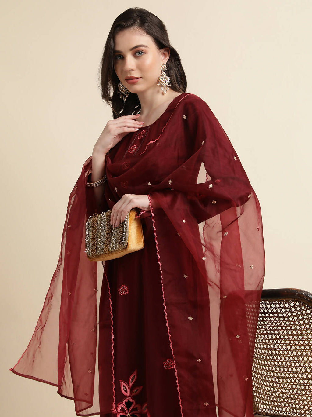 Maroon Chinon Silk Embroidered Straight Kurta with Trouser & Dupatta - Salimar