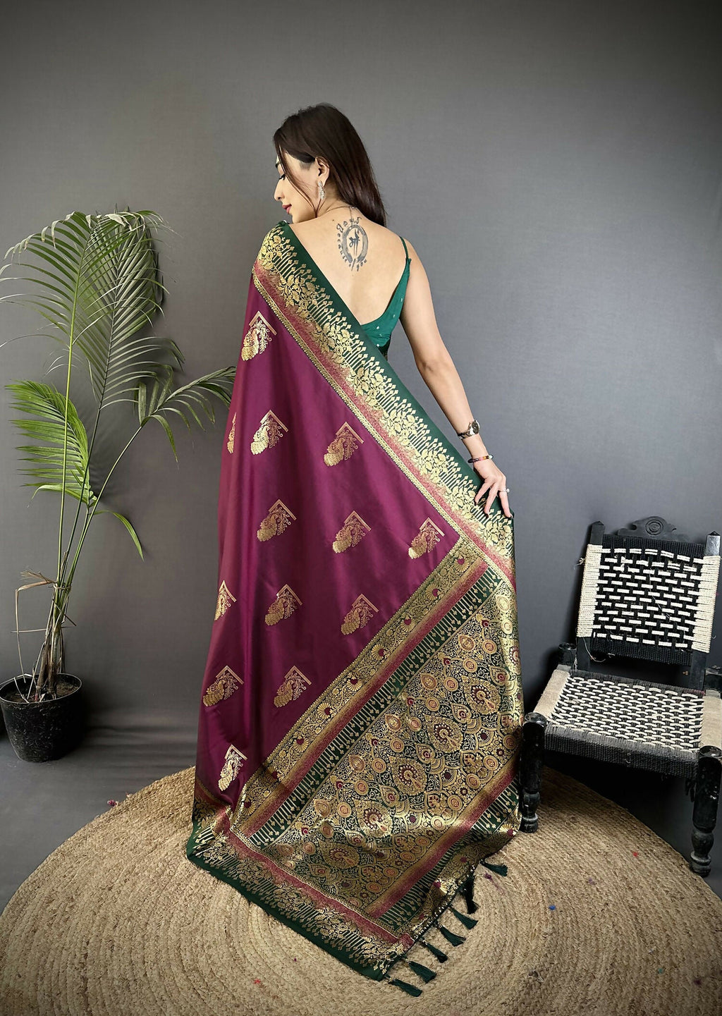 Joban Fashion Maroon Banarasi Soft Silk Peacock Butta Work Saree
