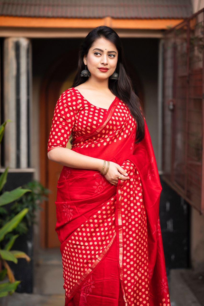 Red Pure Chanderi Hand Block Saree with Unstitched Blouse - Hiral Fashion