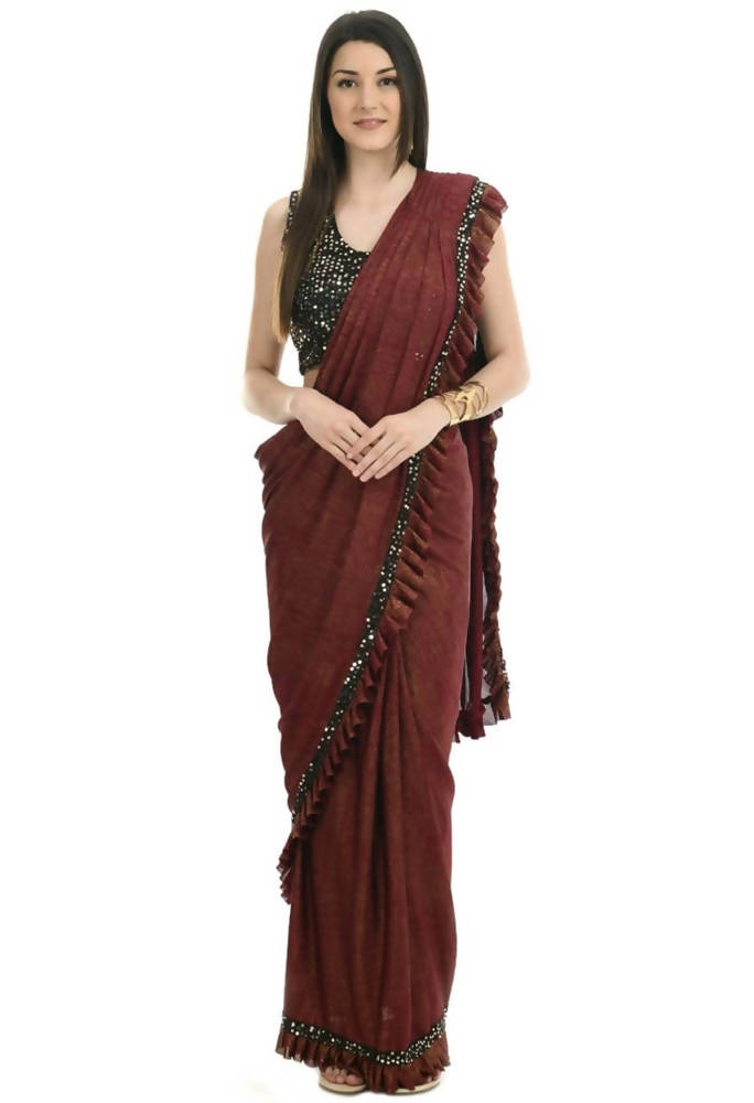 Mominos Fashion All Season Wear Rust And Black Ruffled Ready To Wear Saree