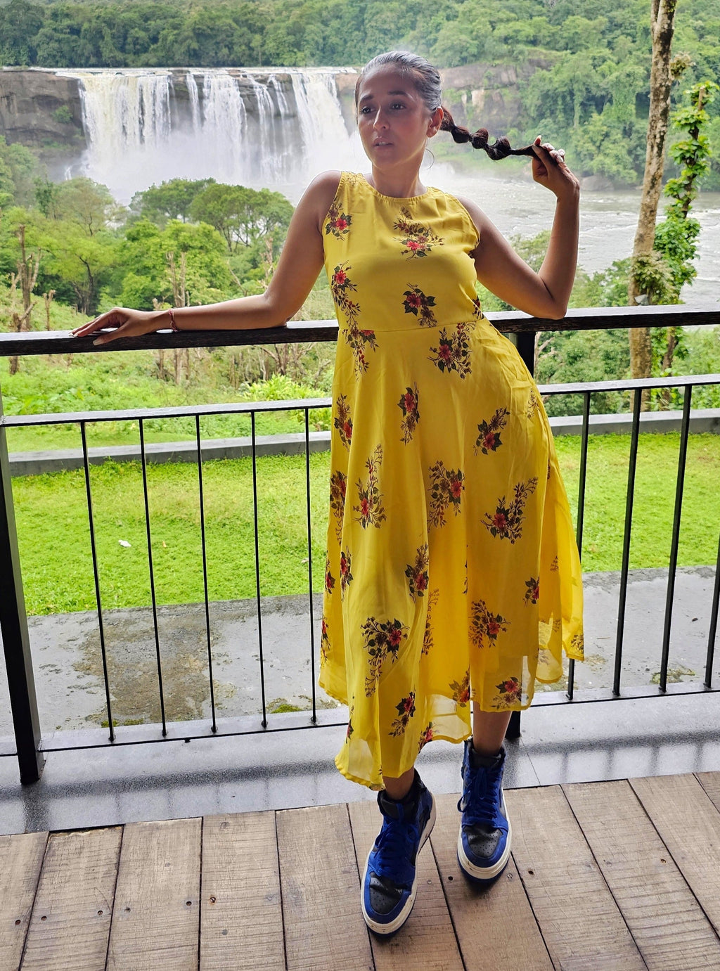 Jompers Women's Floral Print Georgette A-Line Midi Dress - Yellow