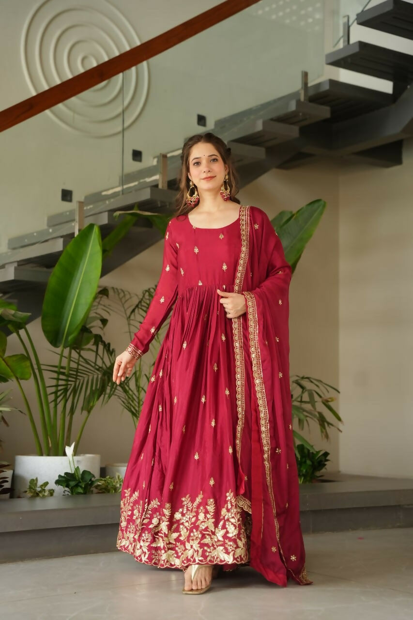 Teeya Creation Maroon Color Chinon Silk Party Wear Long Gown