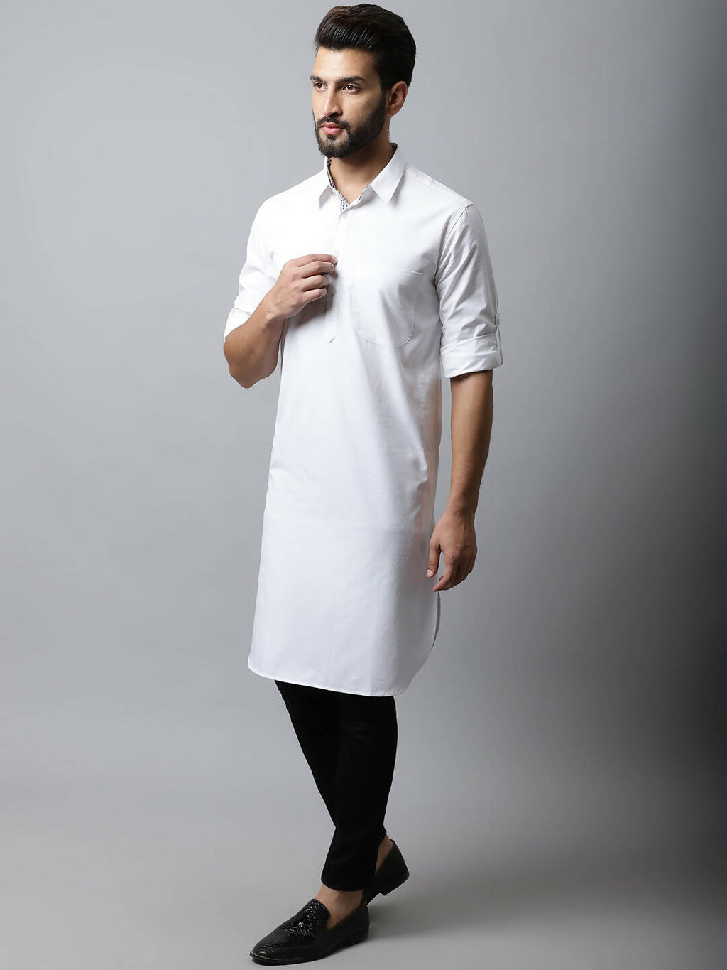 Even Apparels White Color Pure Cotton Solid Men's Kurta With Shirt Collar (SLD1203)