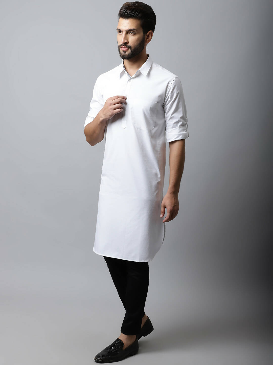 Even Apparels White Color Pure Cotton Solid Men's Kurta With Shirt Collar (SLD1203)