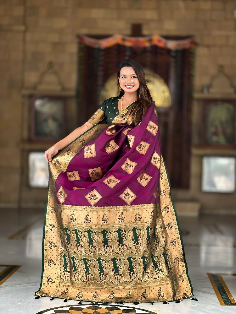 PR Fashion Wine Soft Banarasi Silk With Zari Weaving Meenakari Design Saree