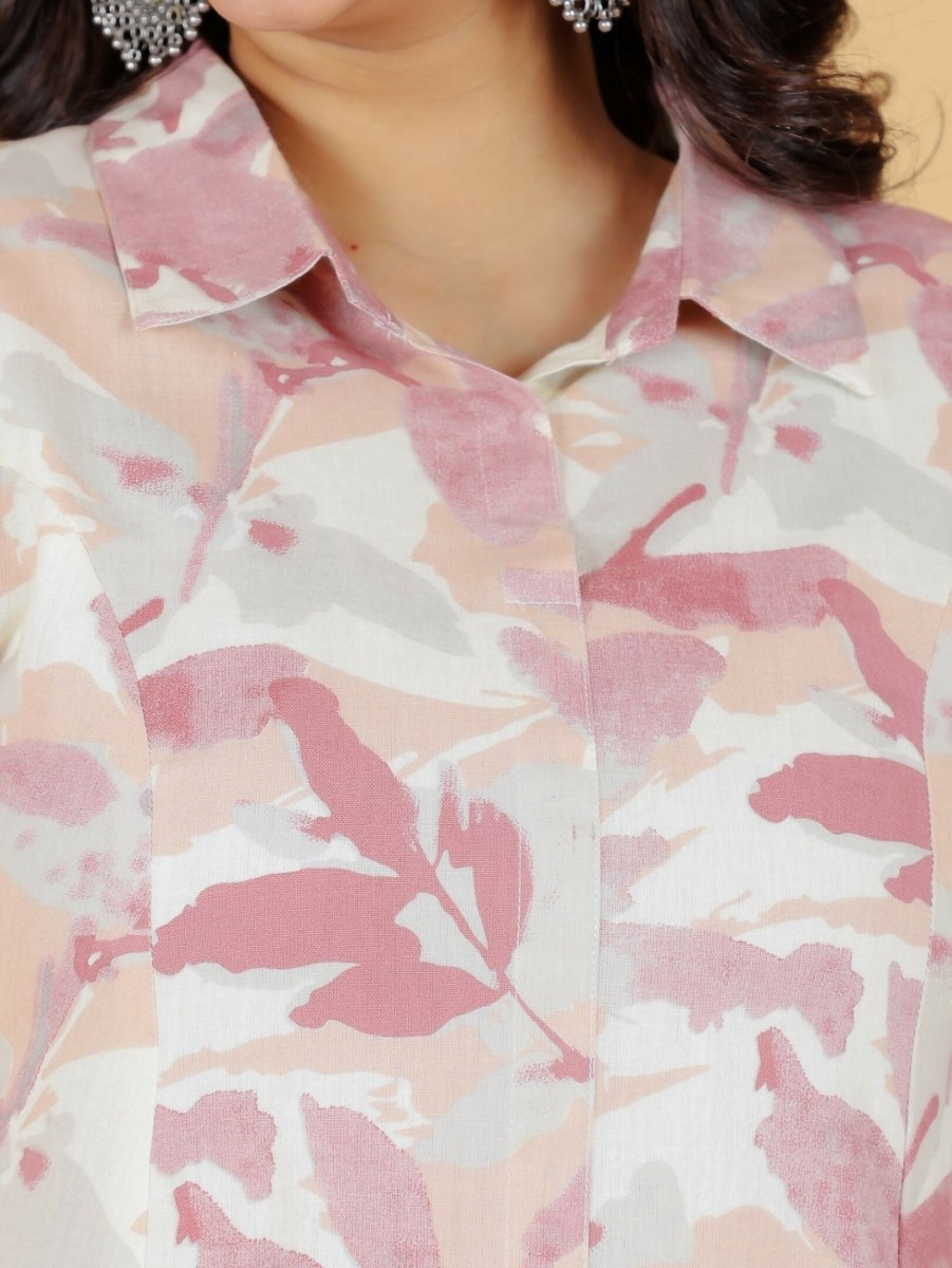 Aramya Pink Linen Cotton Foliage High Low Kurta for Women