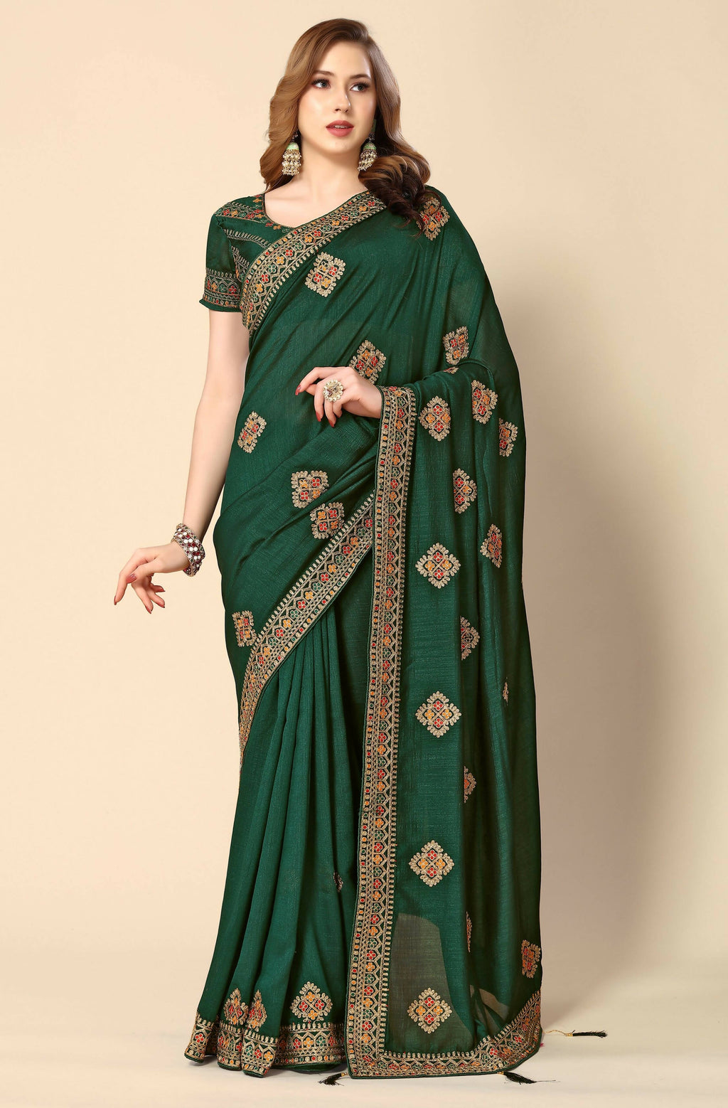 Green Chinon Embroidered Saree with Unstitched Blouse Piece - Roozal