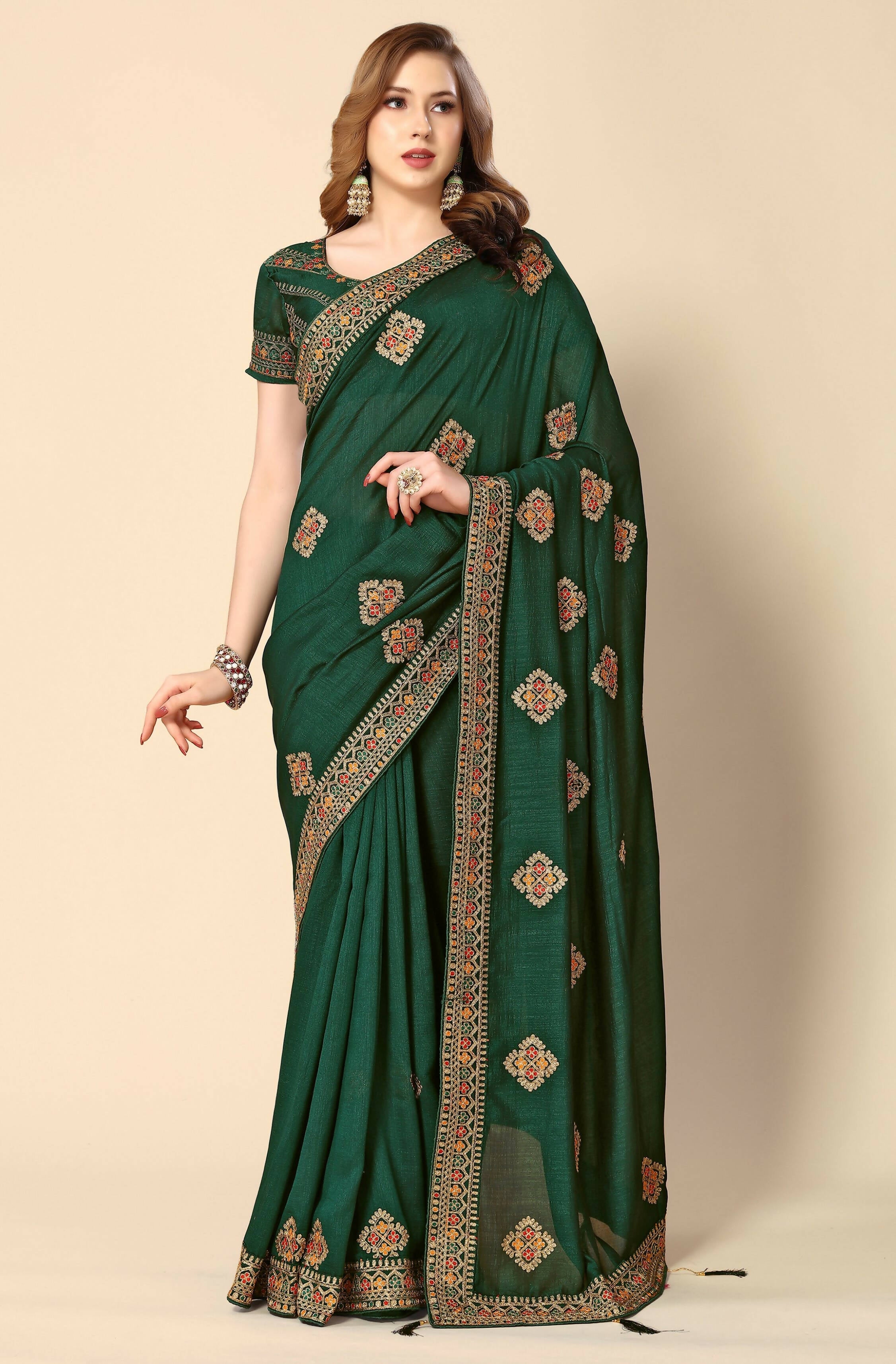 Green Chinon Embroidered Saree with Unstitched Blouse Piece - Roozal