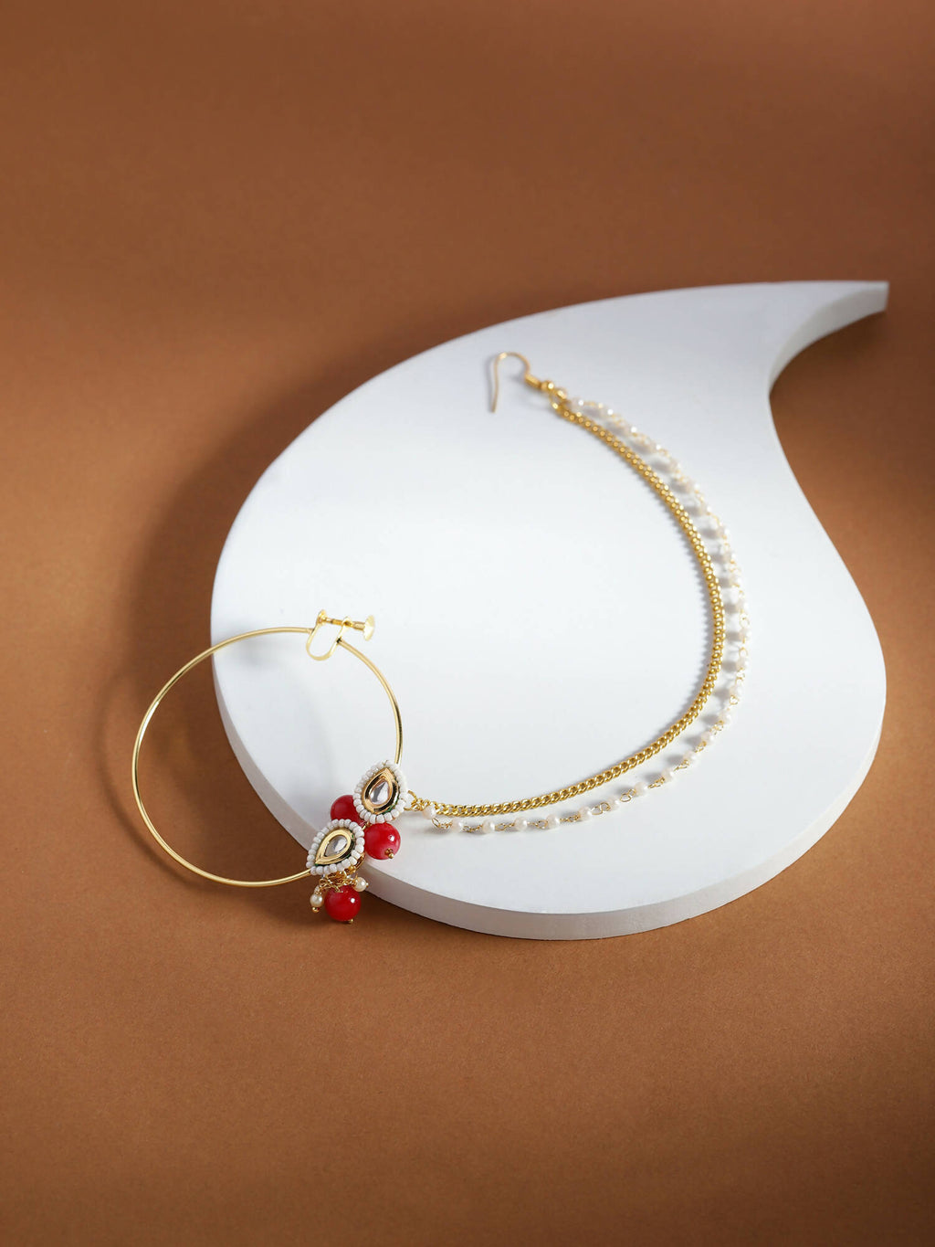 Gold-Pleated Red White Kundan Studded Beaded Nosepin - Ruby Raang