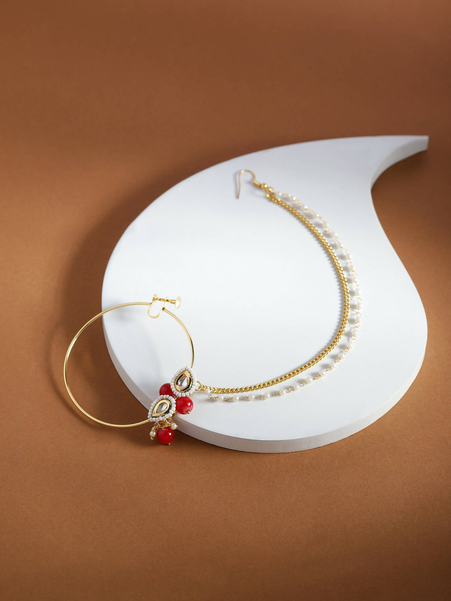 Gold-Pleated Red White Kundan Studded Beaded Nosepin - Ruby Raang