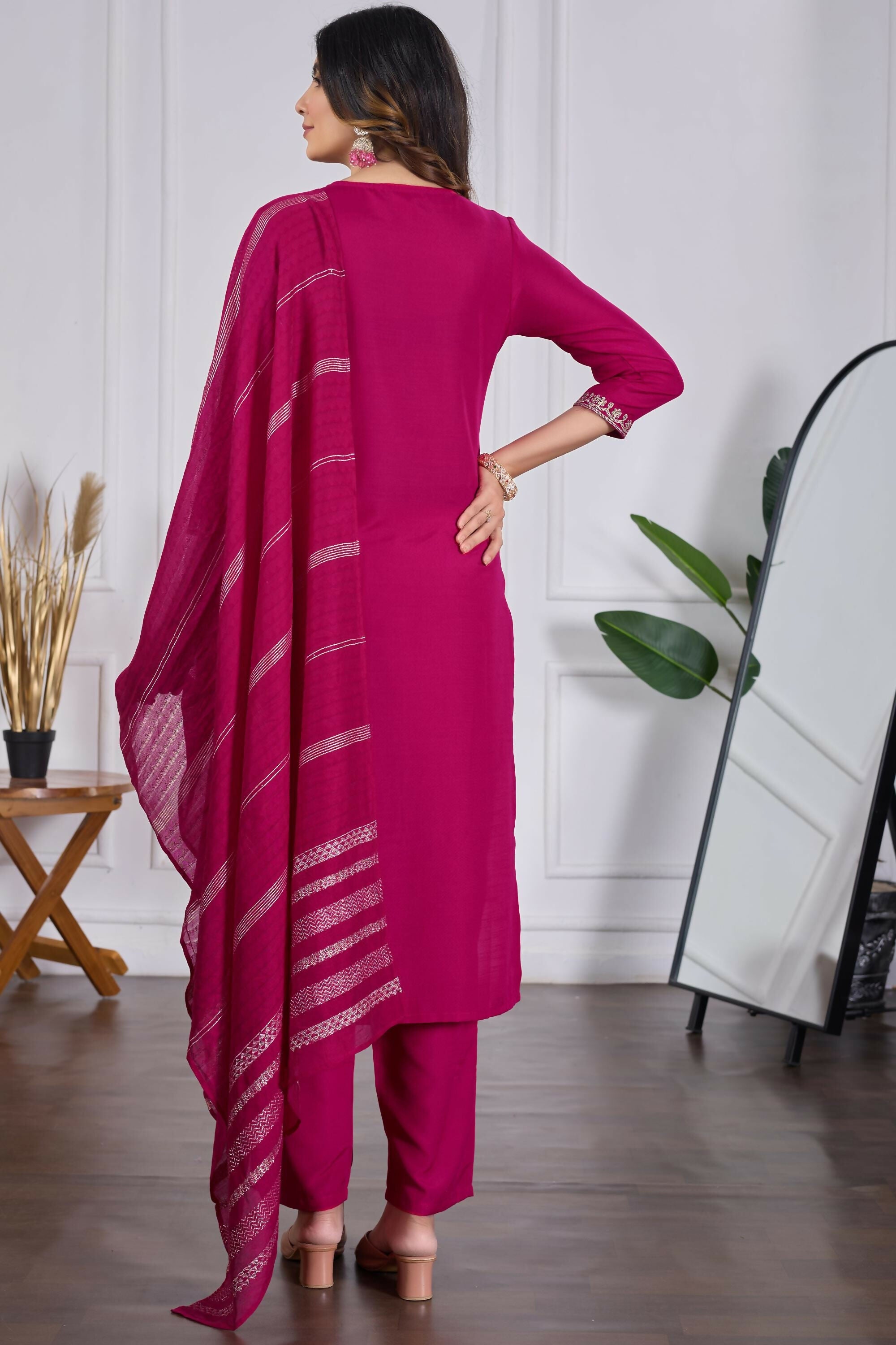 The52 Pink Women's Beautiful Embroidered Rayon Slub Fabric with Straight Kurta, Pant and Dupatta Set