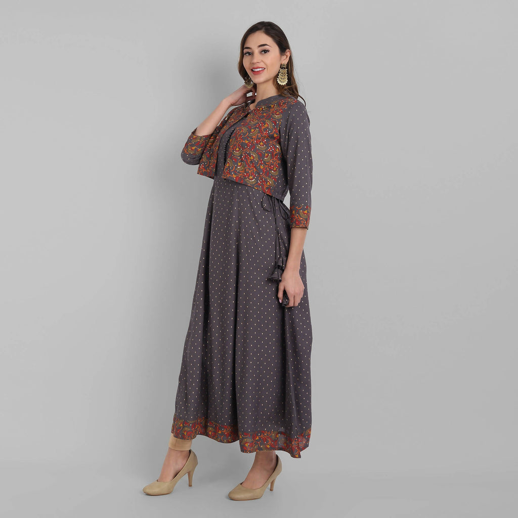 Juniper Women's Grey Rayon Printed Flared Dress