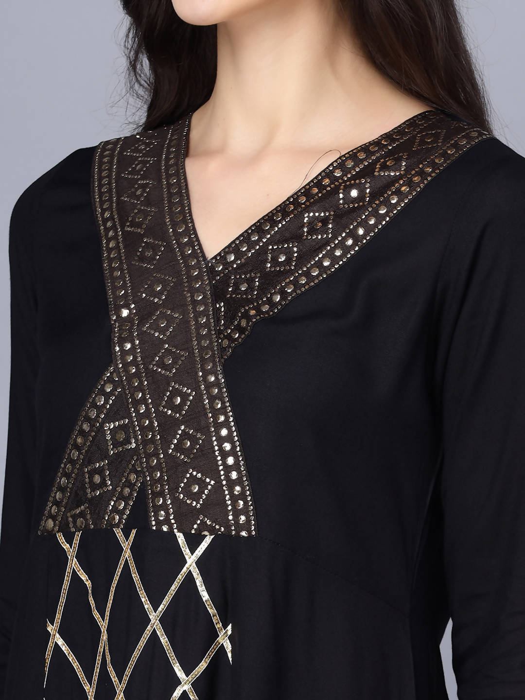 Myshka Women Black Printed Kurta with Dupatta