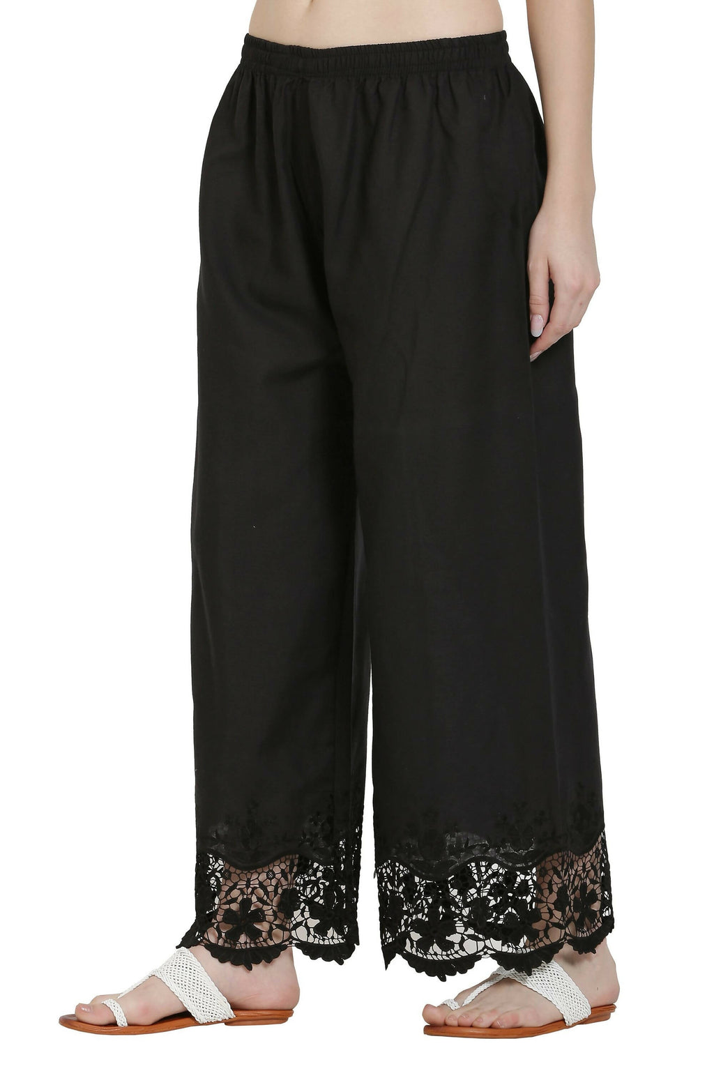 PAVONINE Black Color Chikankari Lace Scalloped Hem Cotton Fabric Sharara