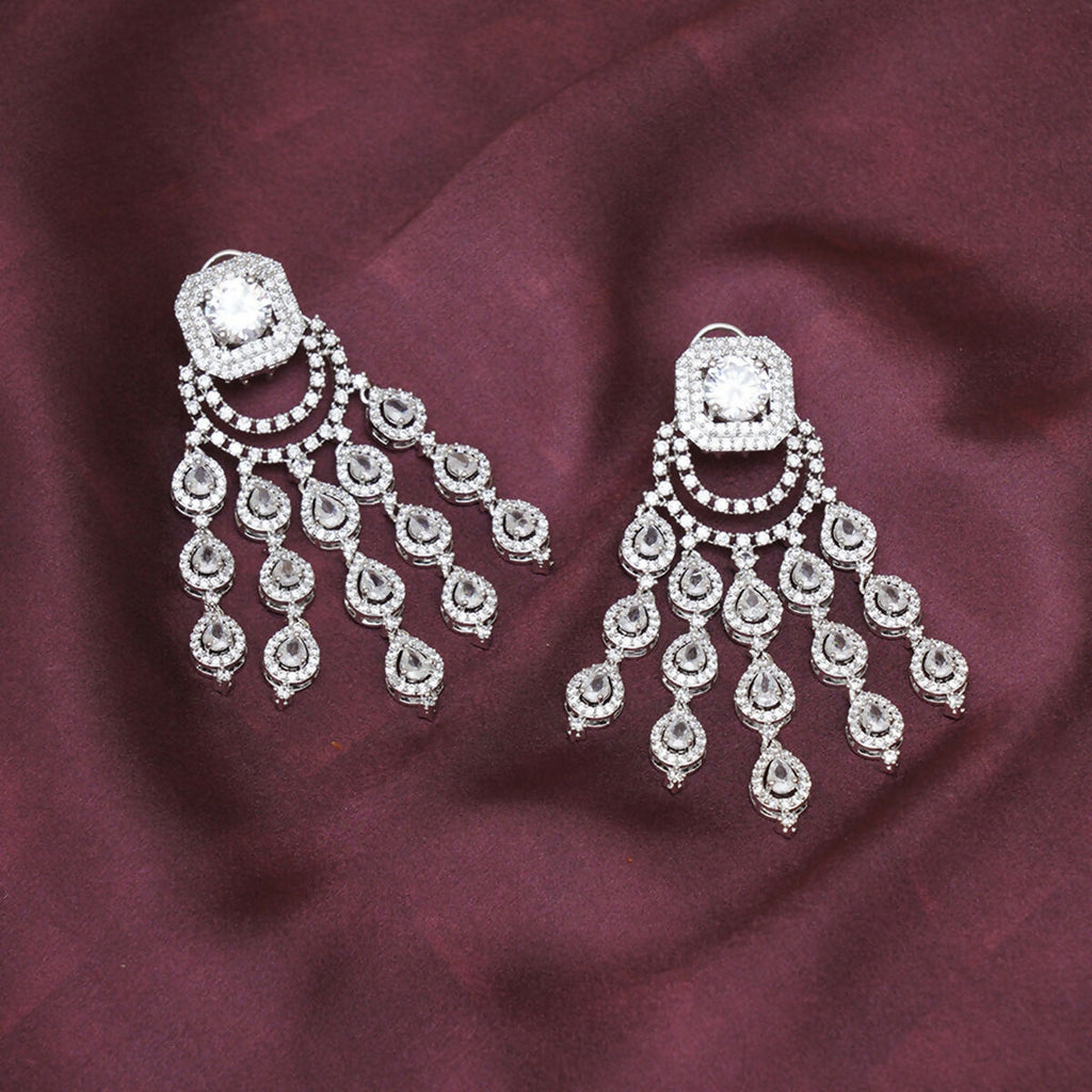 Long Diamond Studded Dangler Earrings- Ruby Raang