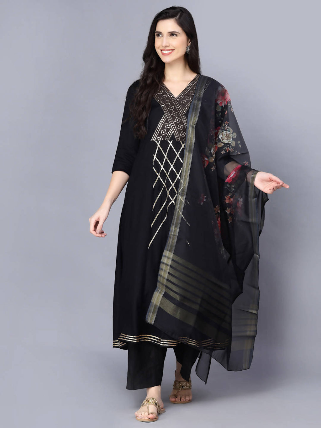 Myshka Women Black Printed Kurta with Dupatta
