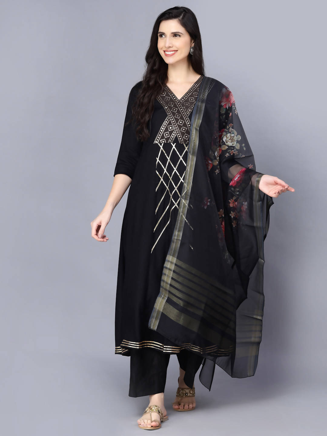 Myshka Women Black Printed Kurta with Dupatta