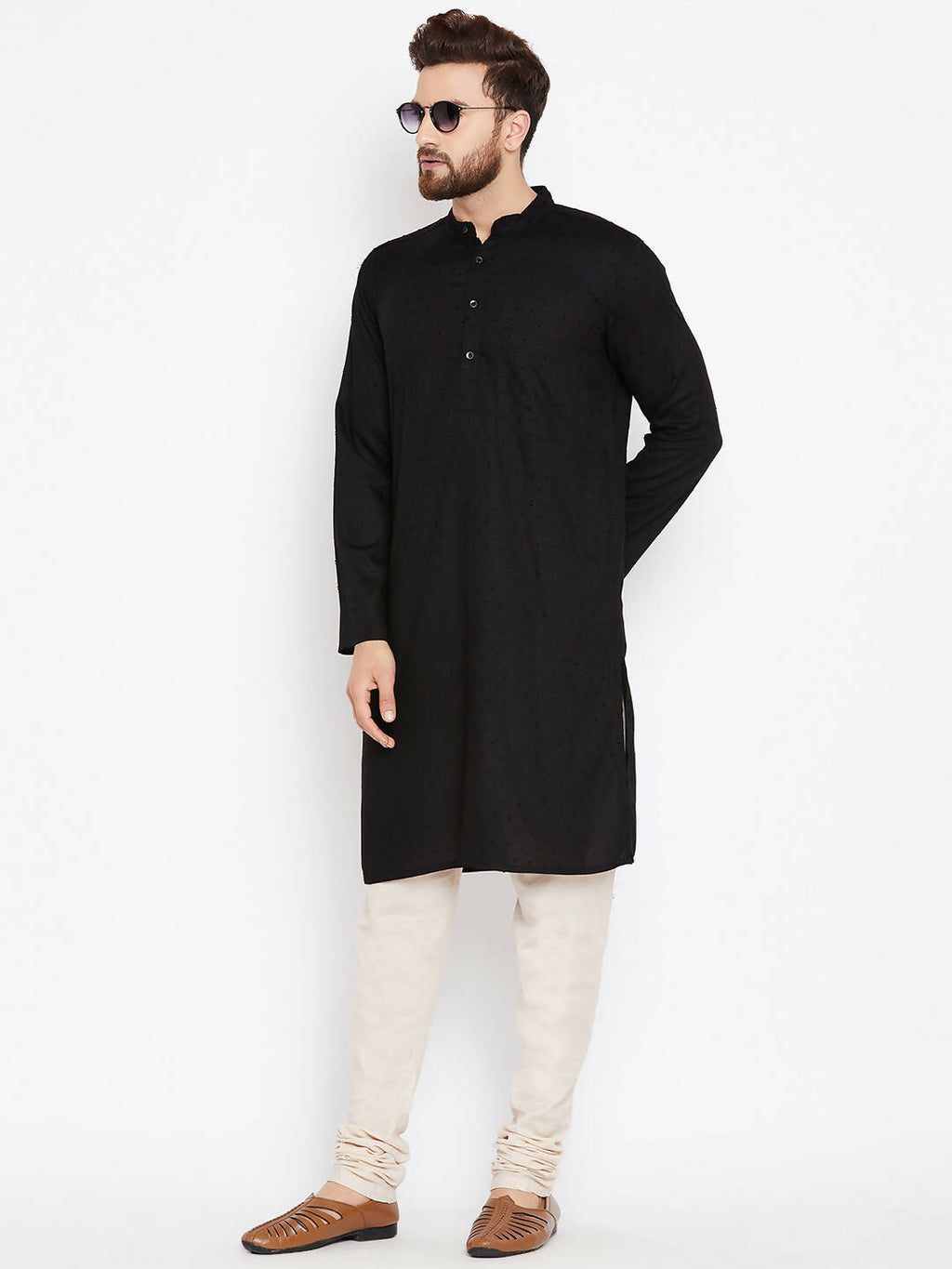 Even Apparels Black Pure Cotton Band Collar Men's Kurta