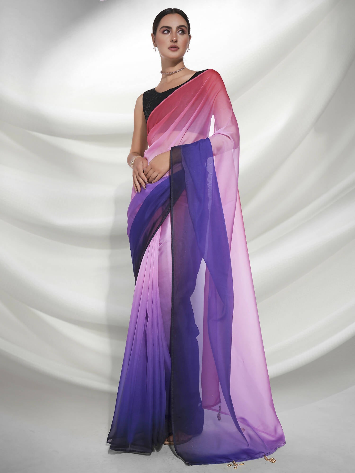 Purple Organza Solid Saree With Unstitched Blouse Piece - Shanaya