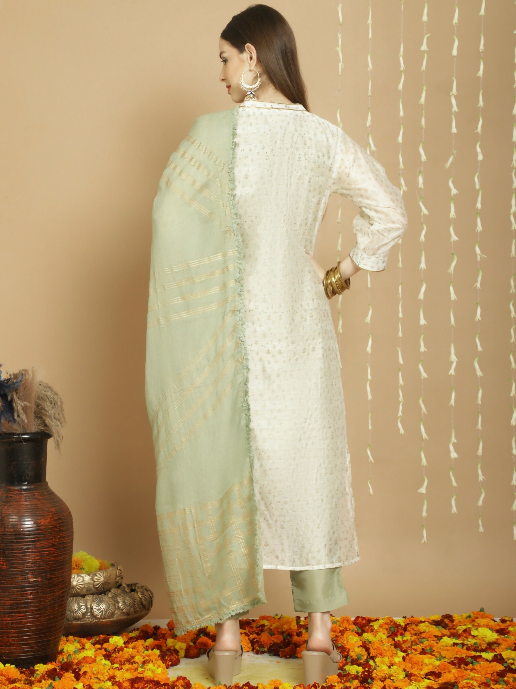 Jyoti Fashion Women's Off White Chanderi Silk Elegant Jardoshi Kurta with Trouser & Dupatta