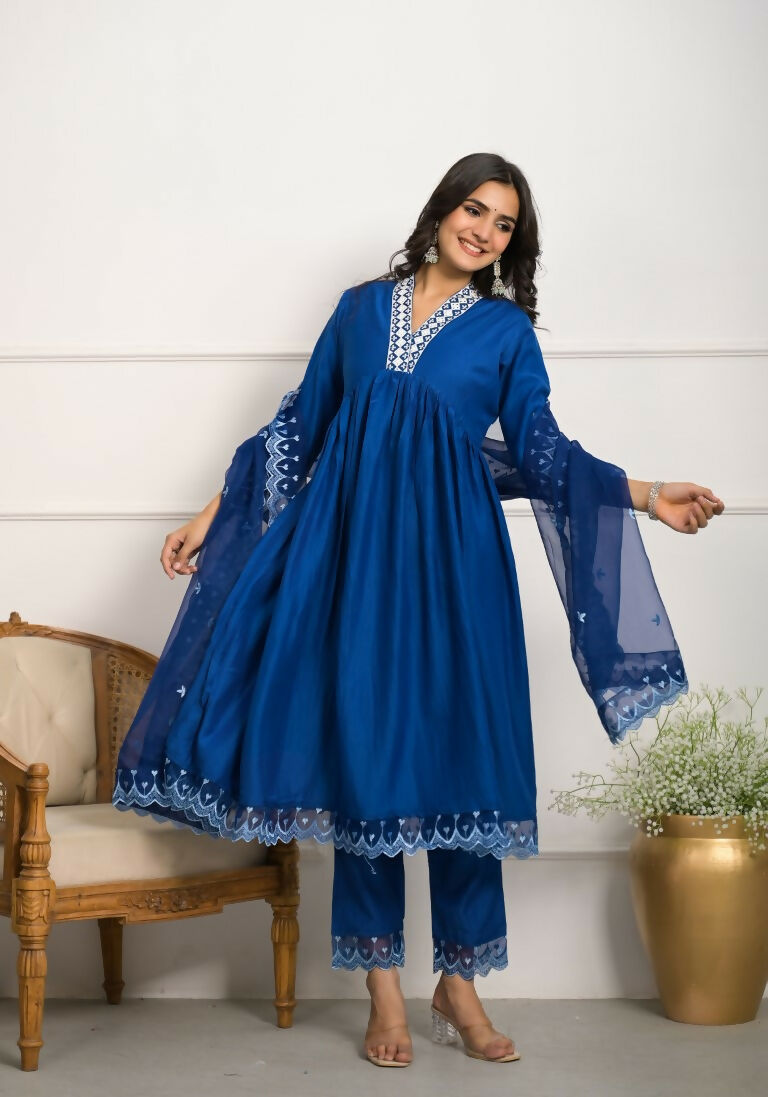 Festive Wear Ethnic Blue Silk wih cotton inner Stitched Suit With Dupatta - Tanisha