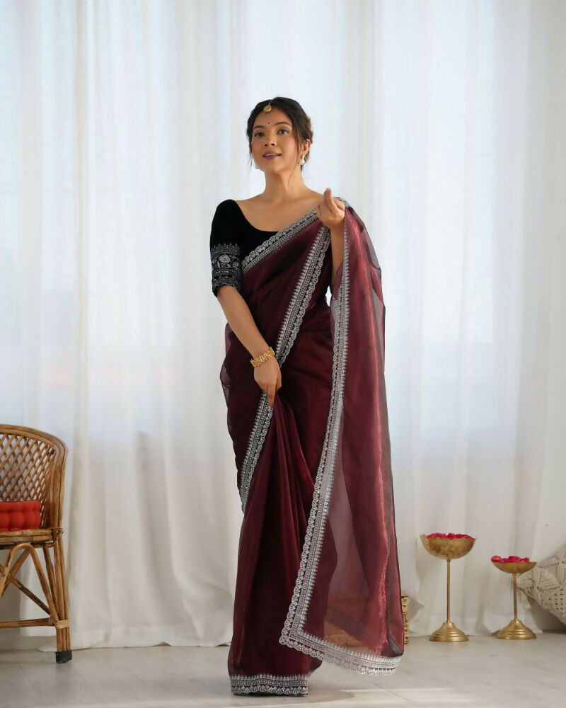 Attrctive Looking Gold Jari, Sequance Embroidery Work Twill Net Party Wear Saree - Coffee