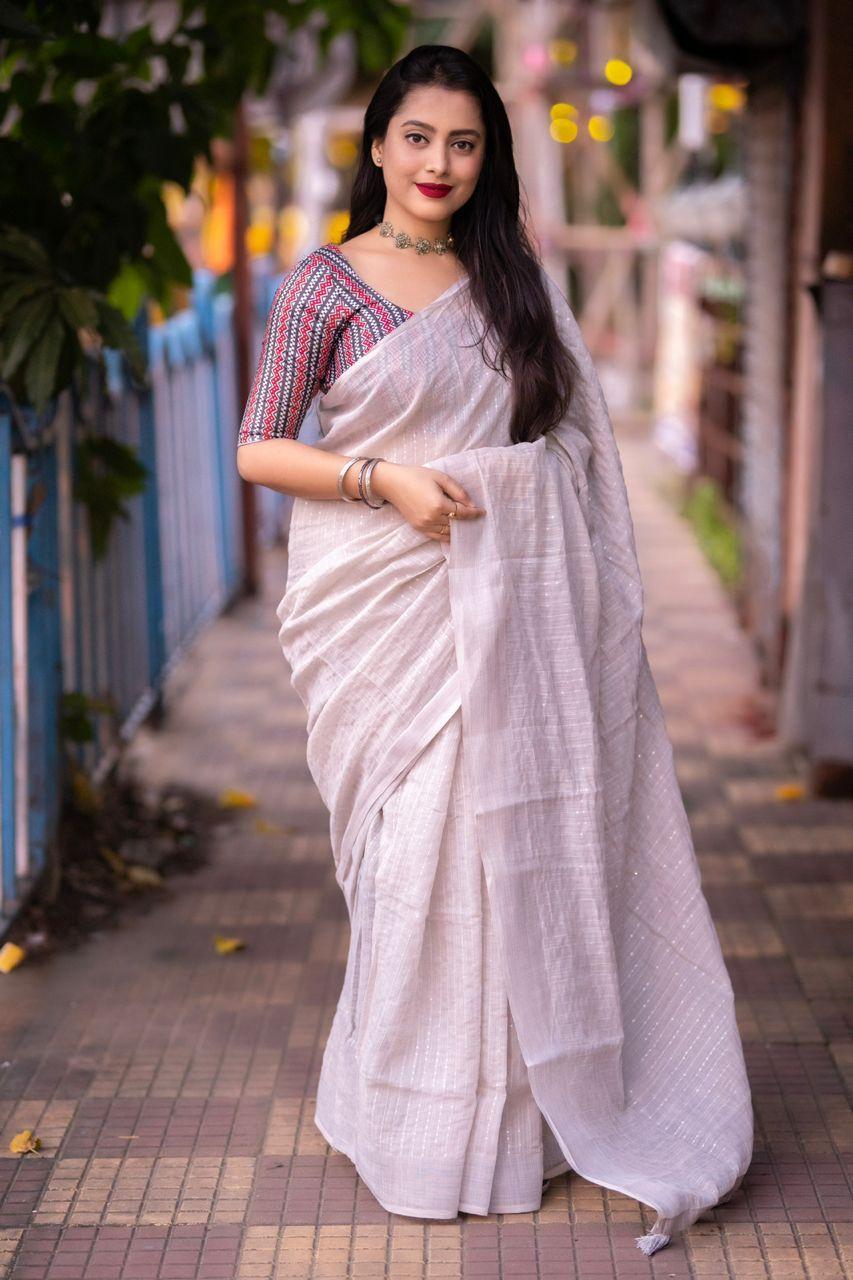 Grey Linen Sequence Saree with Unstitched Blouse - Hiral Fashion