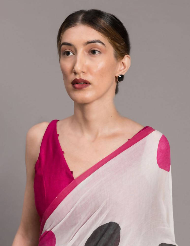 Suta White Pink Polka Dot Printed Pure Cotton Saree