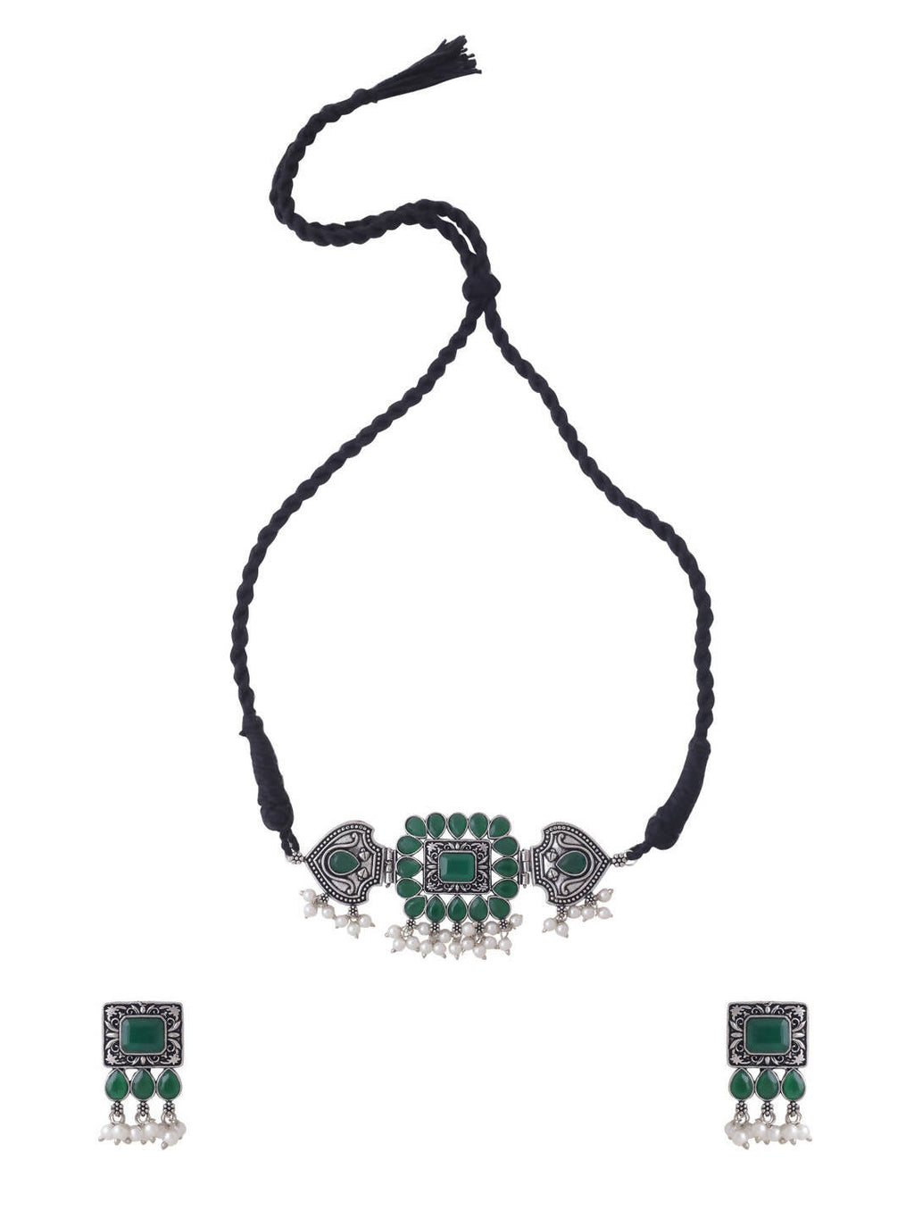 NVR Women's Oxidised Silver Plated Green Color Stone Jewellery Set With Earrings