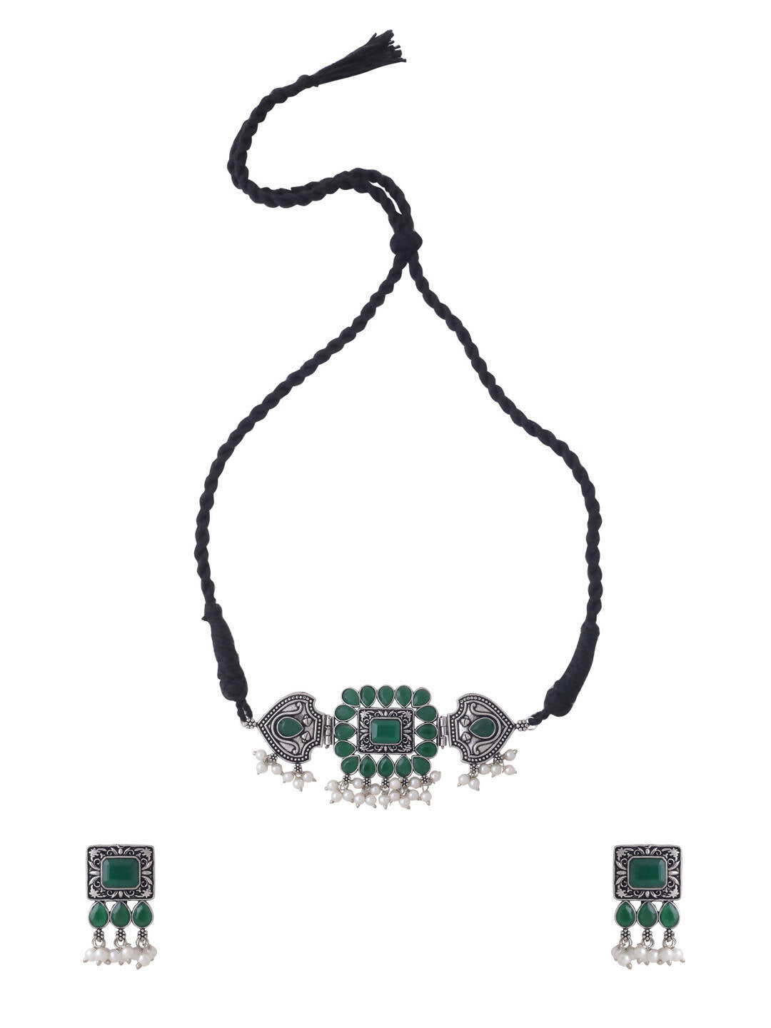 NVR Women's Oxidised Silver Plated Green Color Stone Jewellery Set With Earrings
