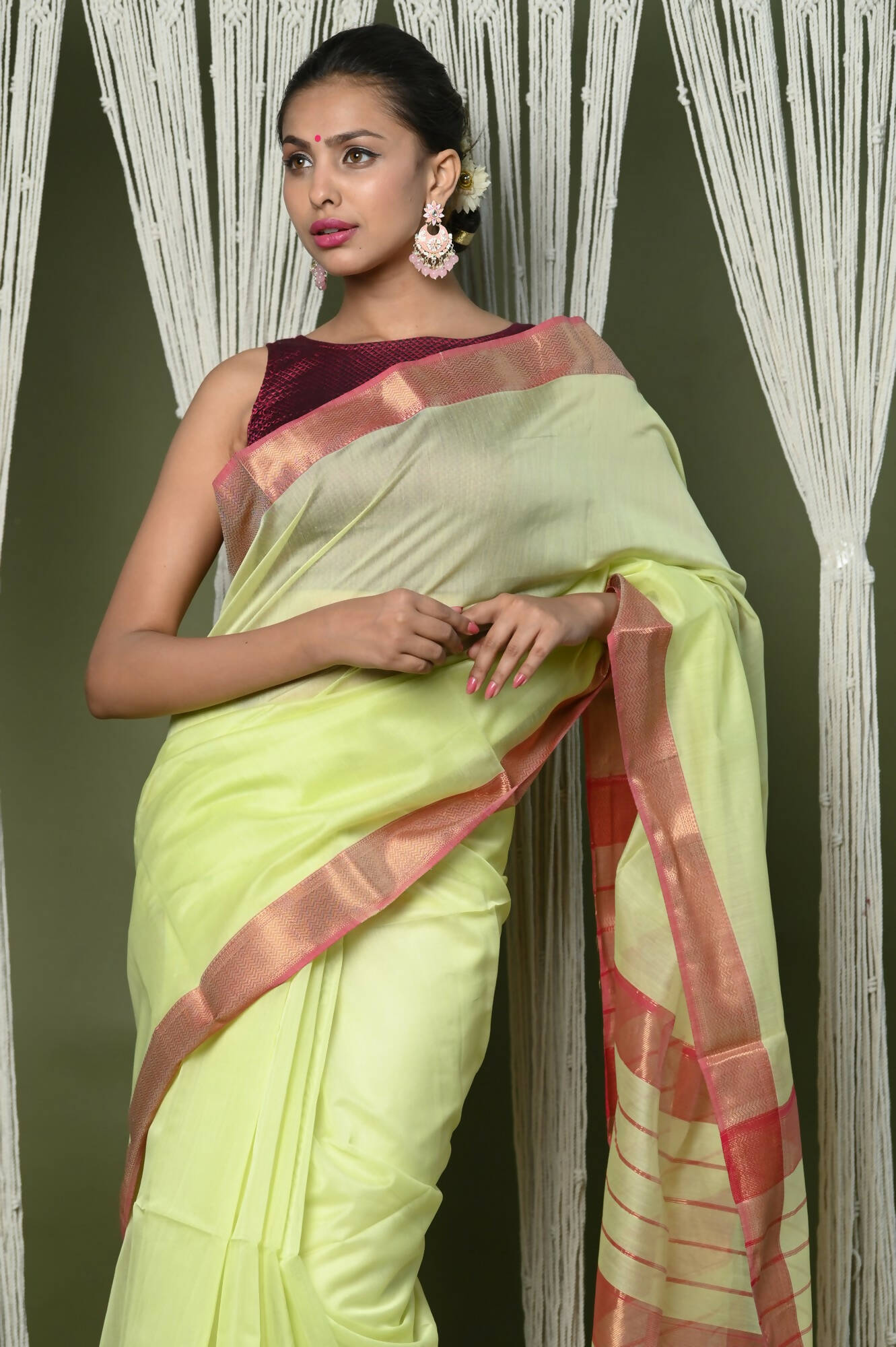 Very Much Indian Handloom Cotton Silk Maheshwari Saree With Sleek Golden Border - Chartreuse Green