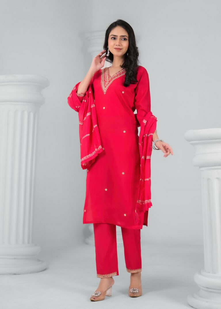 Ethnic Festive Wear Chanderi Red Stitched Suit With Dupatta - Tanisha