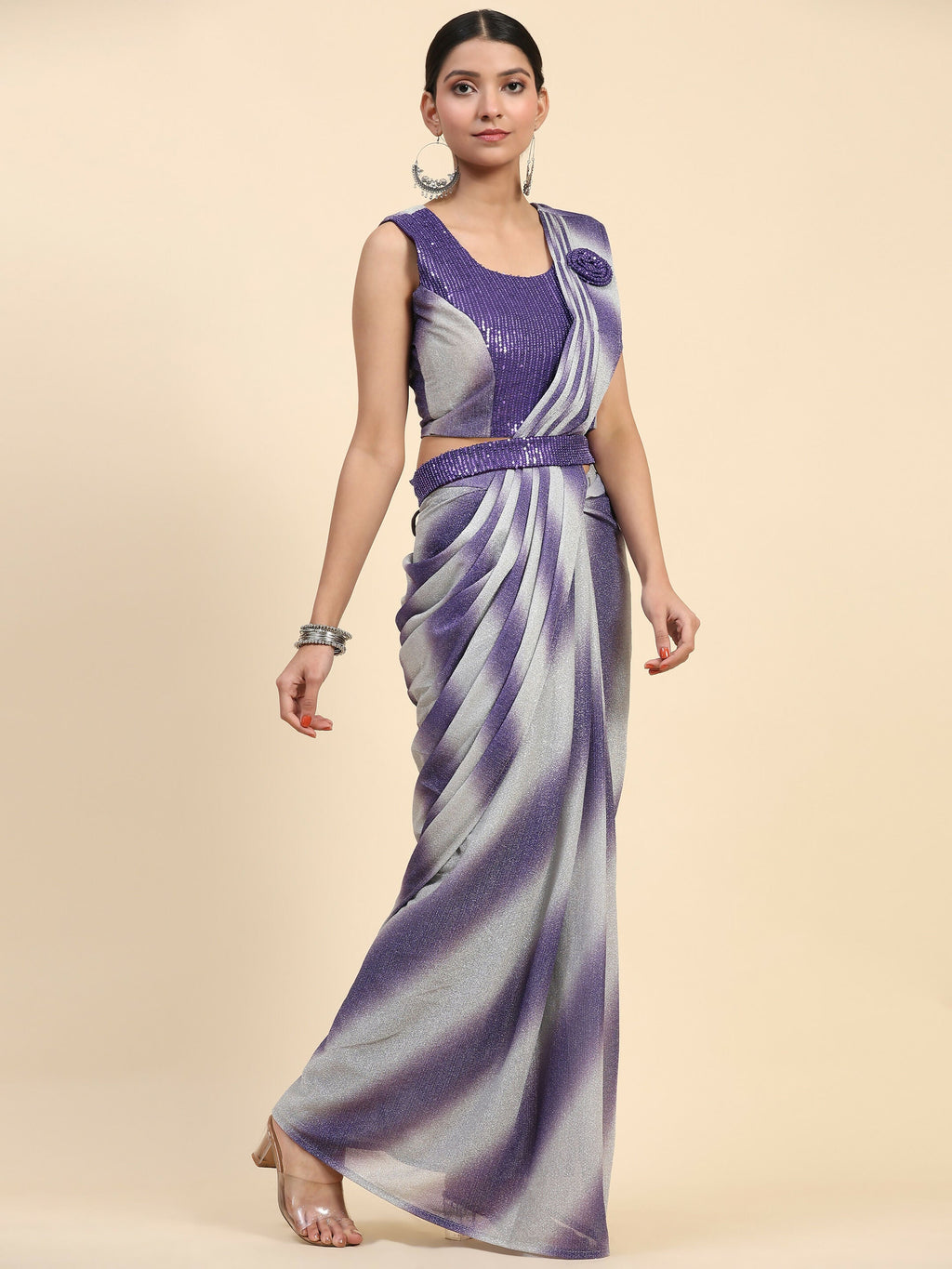 Purple Polyester Solid Ready to Wear Saree with stitched Blouse - Aayan