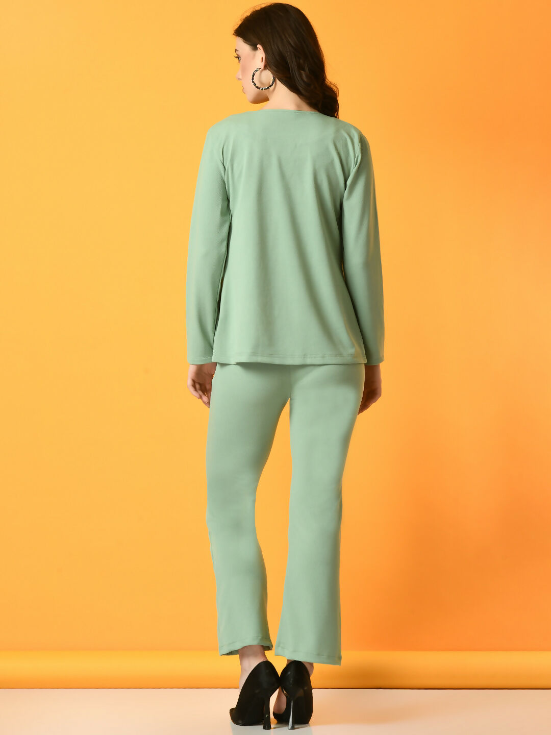 Myshka Women's Green Solid Coat With Trousers