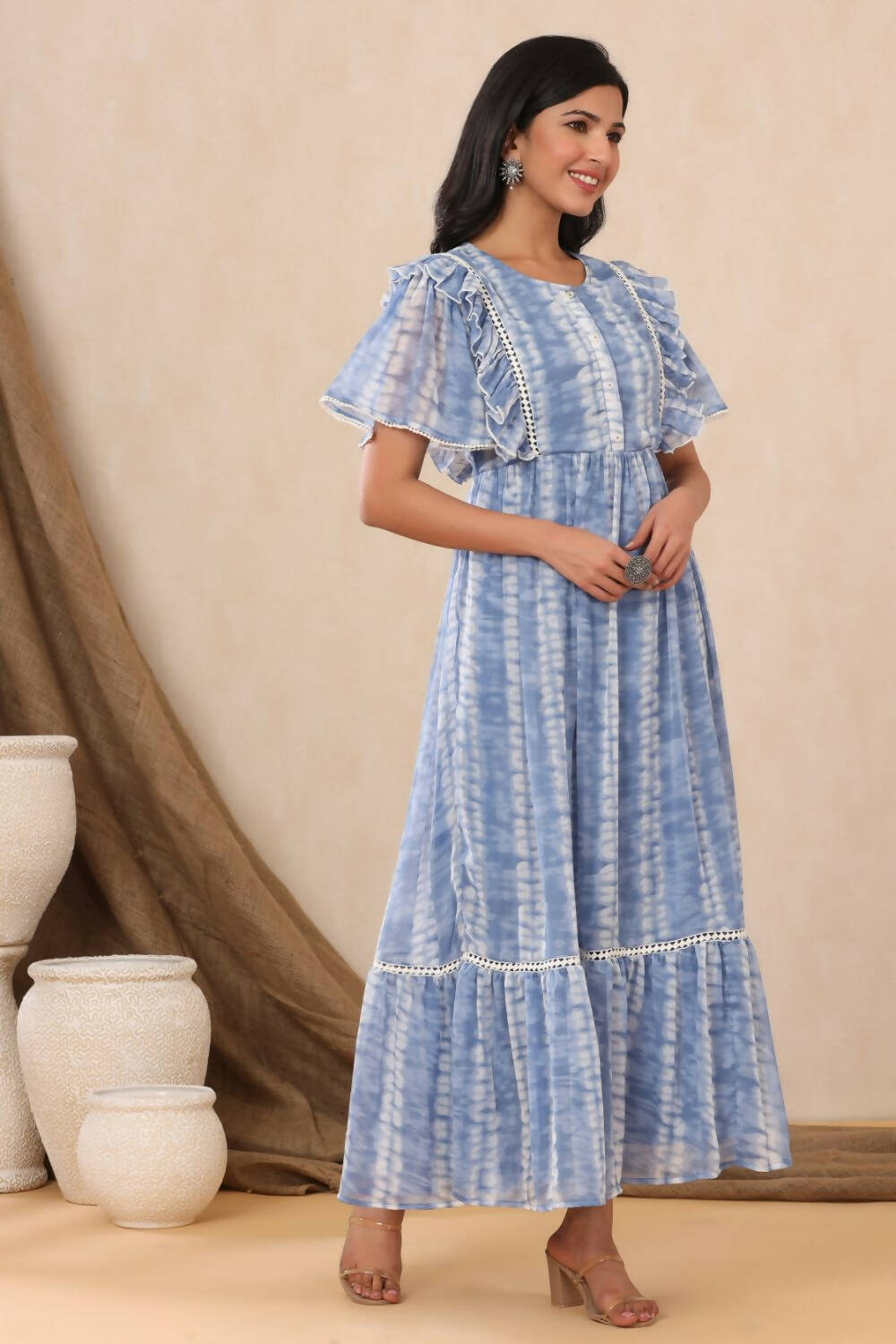 Juniper Womens Powderblue Chiffon Printed Tiered Dress