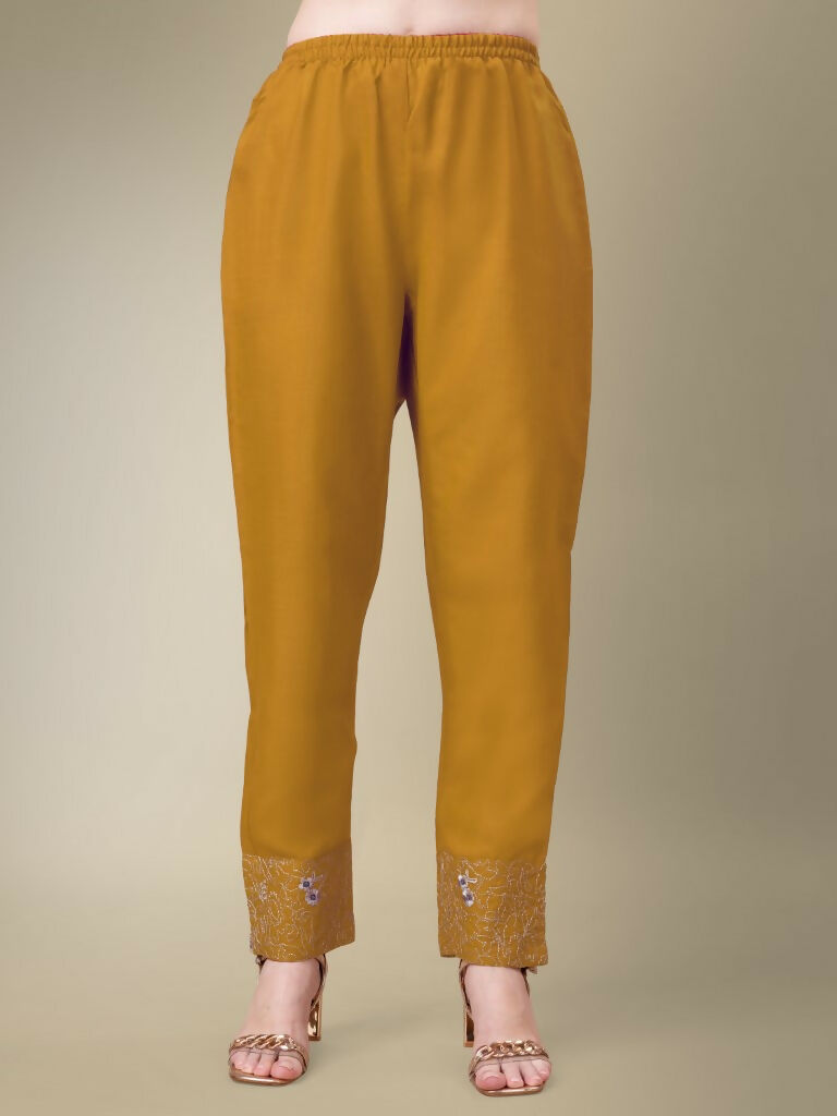 Jyoti Fashion Women's Yellow Cotton Blend Embroidery & Fancy Lace work Kurta with Trouser & Dupatta
