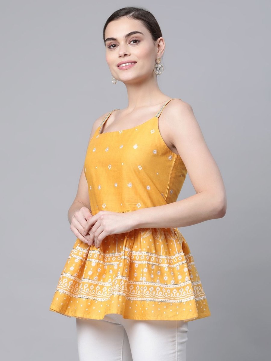 Ahalyaa Women Mustard Pure Cotton Porcian Print Shoulder Straps Tunic