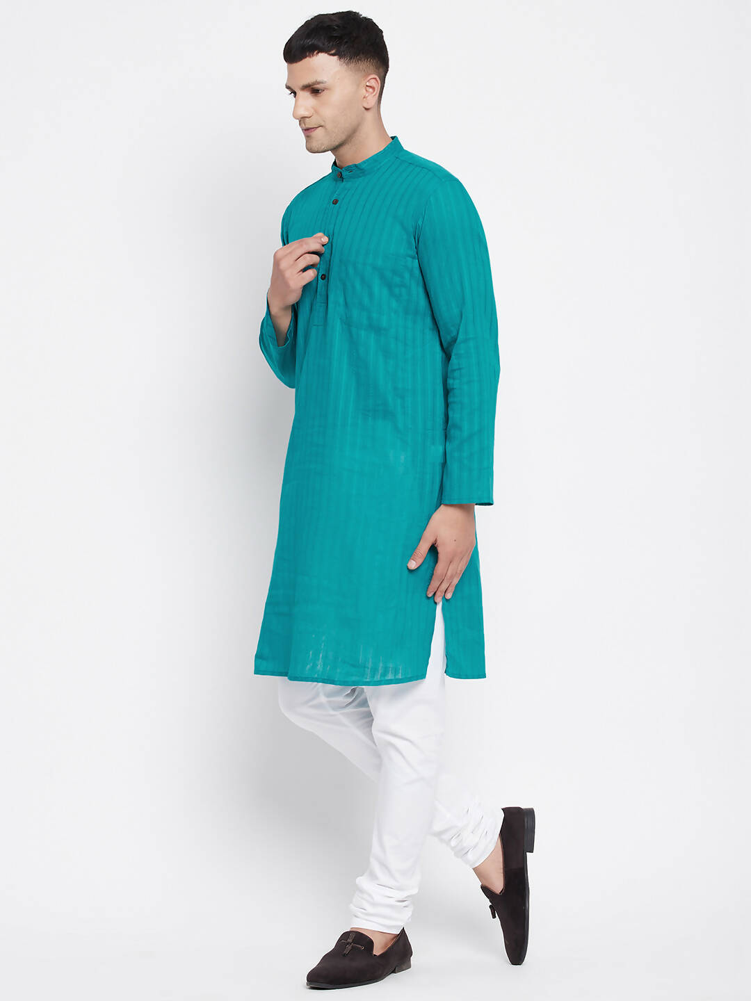Even Apparels Green Pure Cotton Men's Kurta With Band Collar
