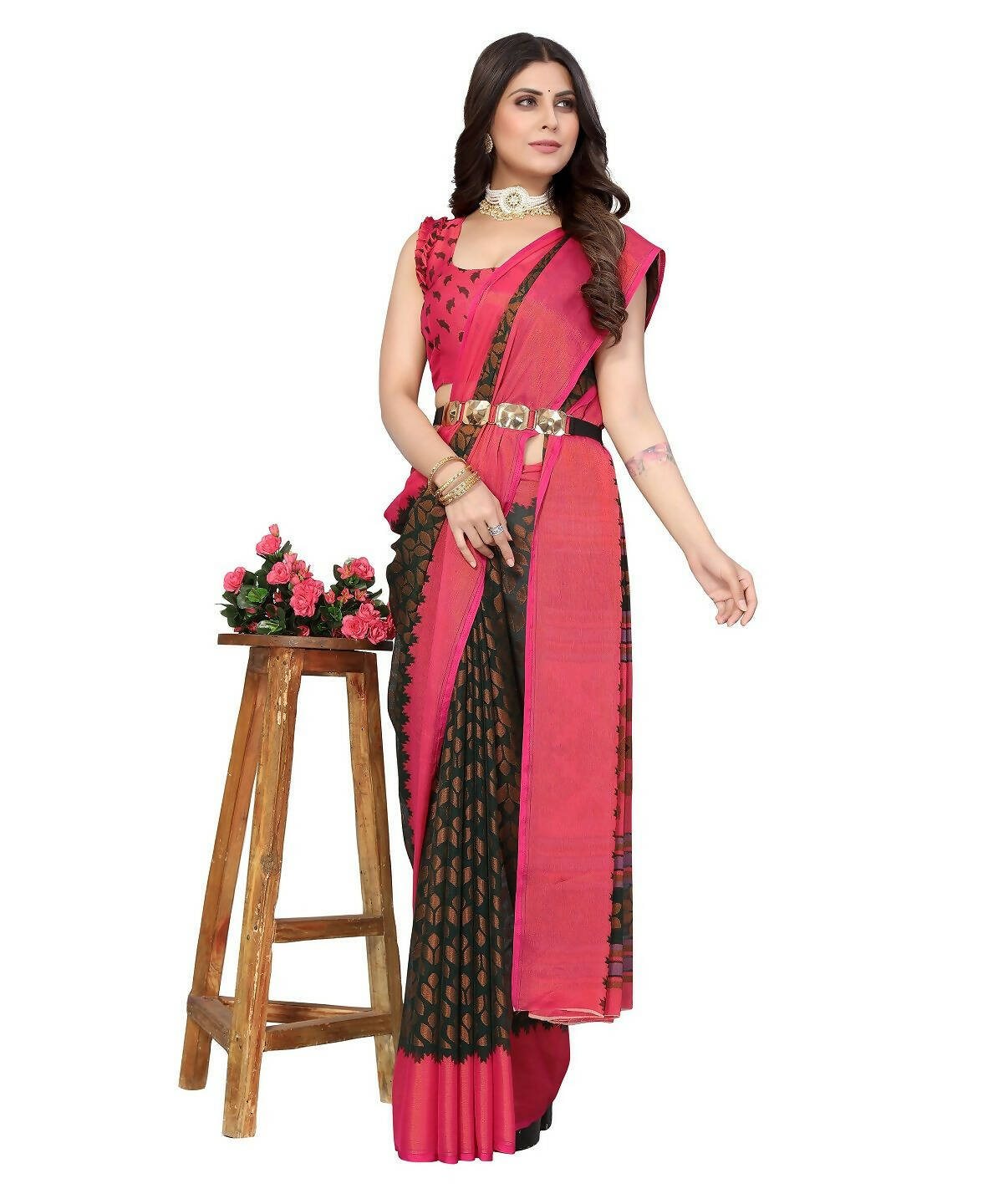 Vamika Green Chiffon Brasso Bollywood Style Woven Saree (ALIZA GREEN)