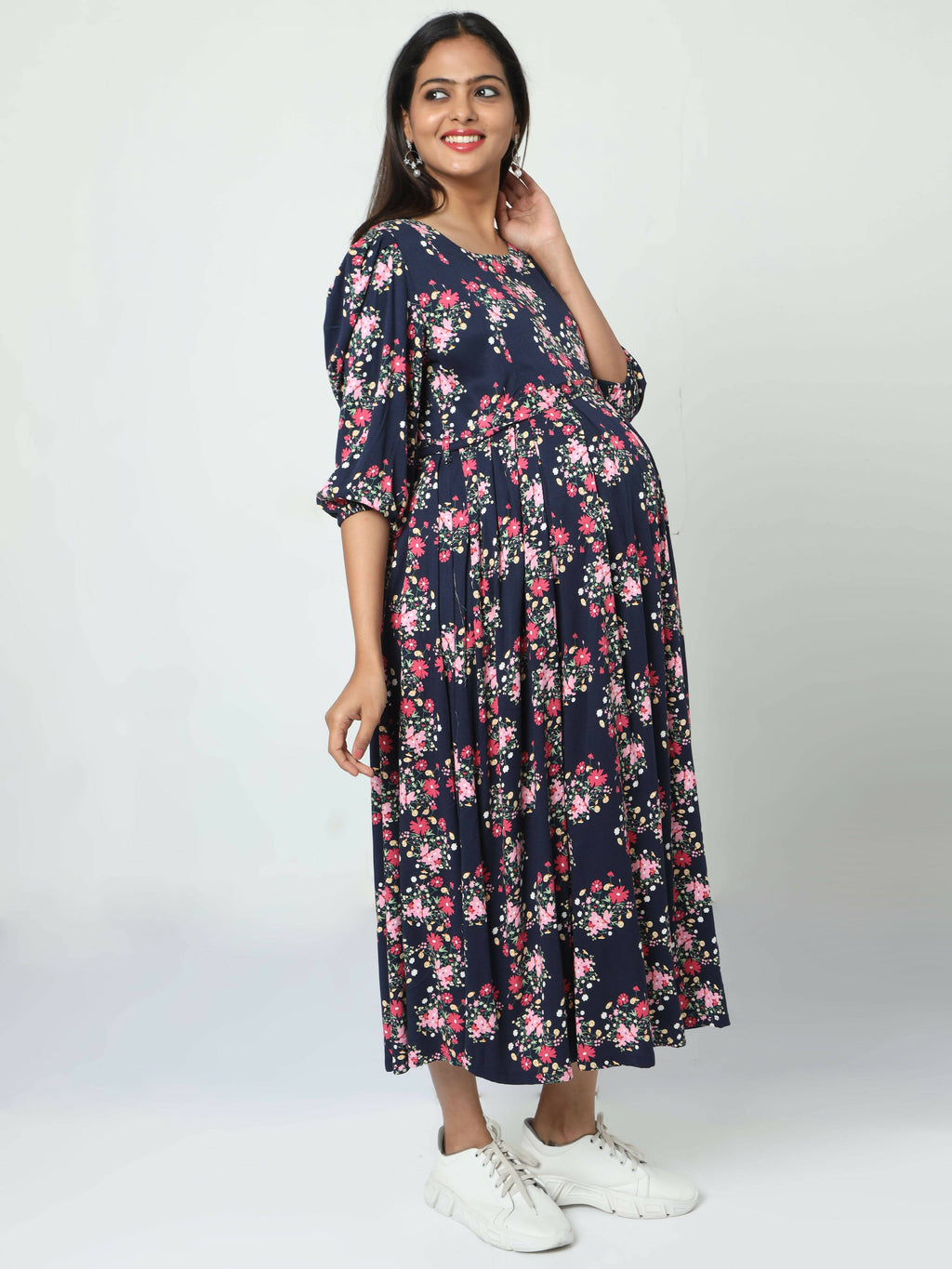 Manet Three Fourth Maternity Dress Floral Print With Concealed Zipper Nursing Access - Navy Blue