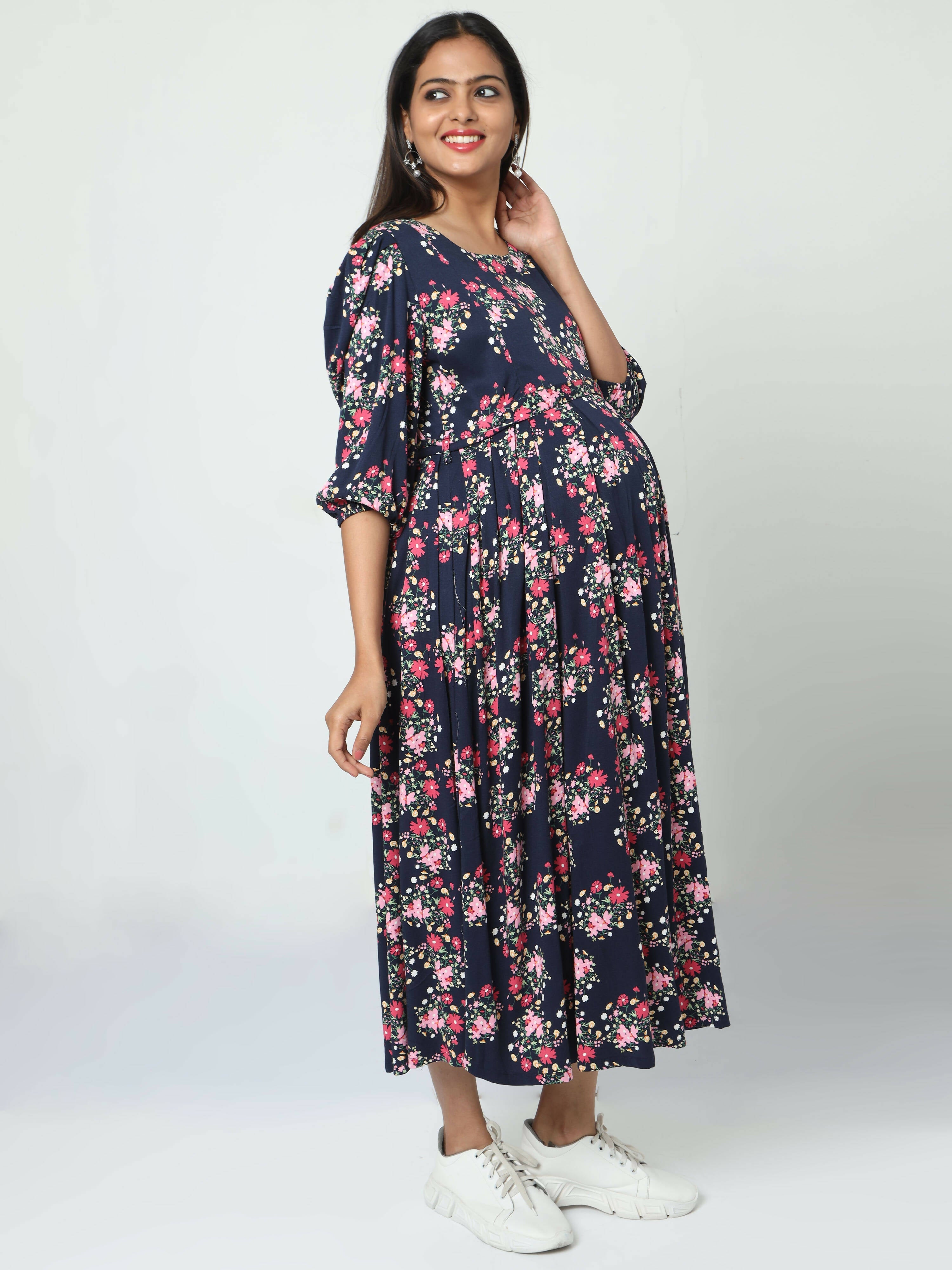 Manet Three Fourth Maternity Dress Floral Print With Concealed Zipper Nursing Access - Navy Blue