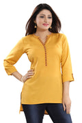 Snehal Creations Desirable Mustard Rayon Cotton Hi-Low Short Kurti Top