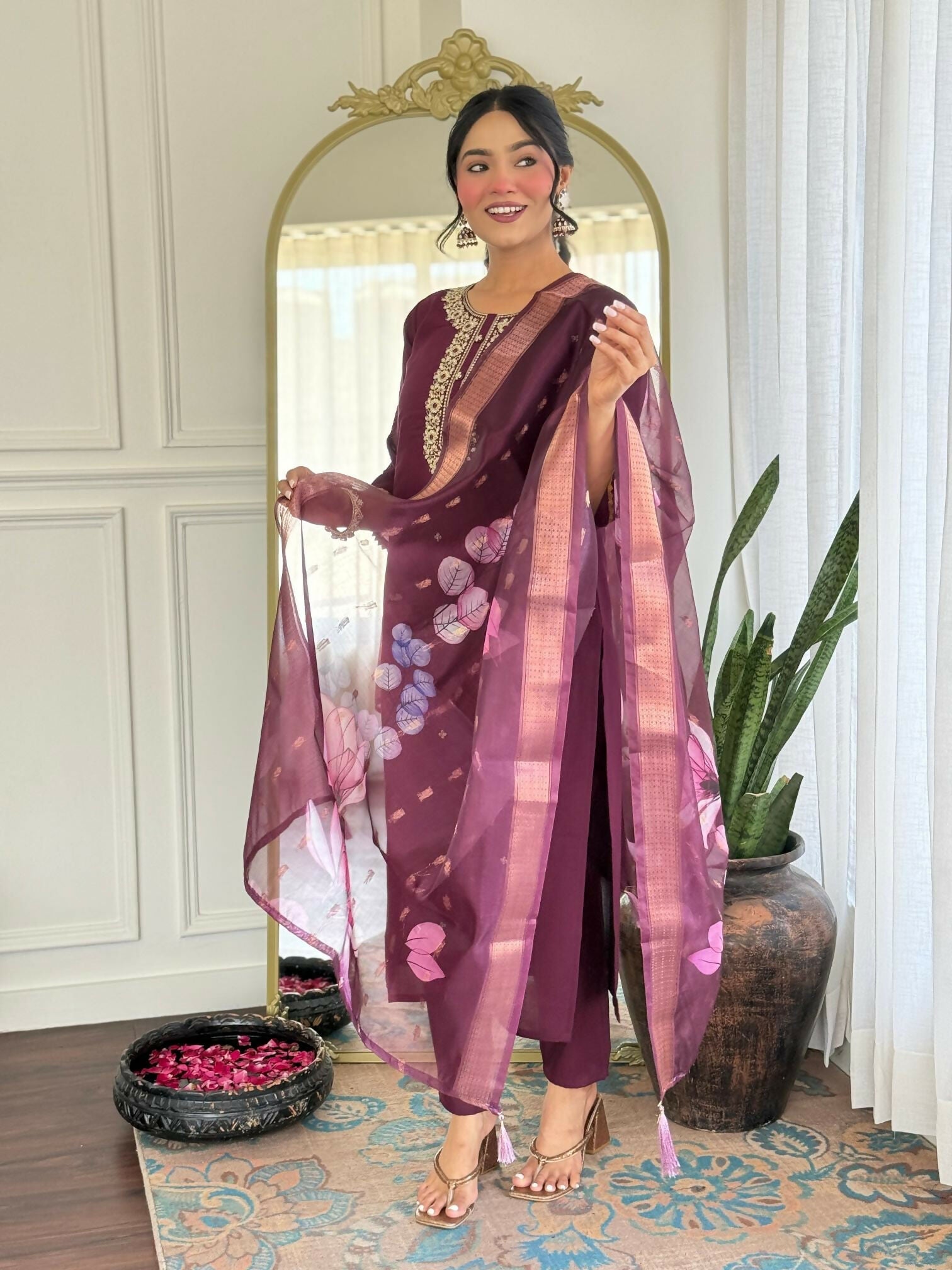 The52 Wine Women's Gorgeous Rayon Fabric Embroidered Work Straight Kurta Pant and Dupatta Set