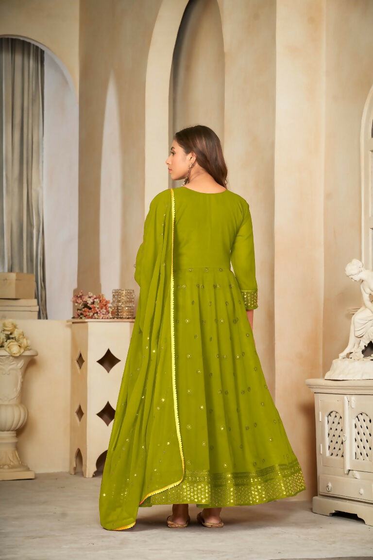Jyoti Fashion Women's Mehendi Georgette Embroidered Anarkali Kurta Pant Set With Dupatta