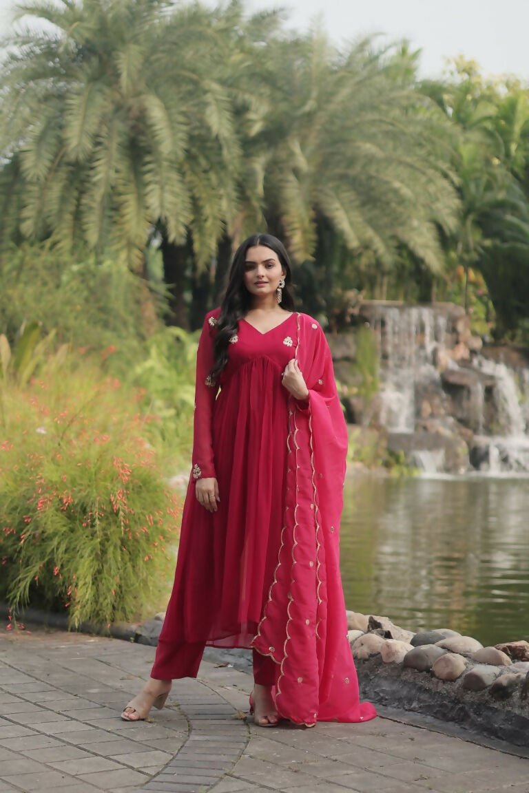 Jyoti Fashion Women's Pink Faux Blooming Embroidered Kurta with Trouser & Dupatta
