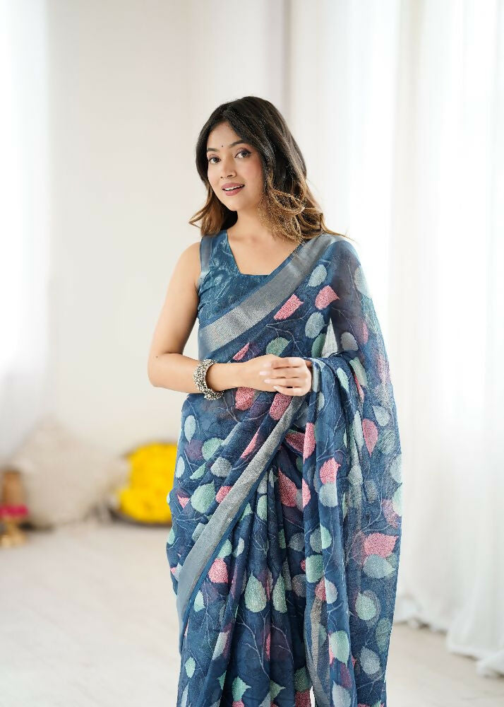 PR Fashion Dark_Blue Linen Patta Printed Saree