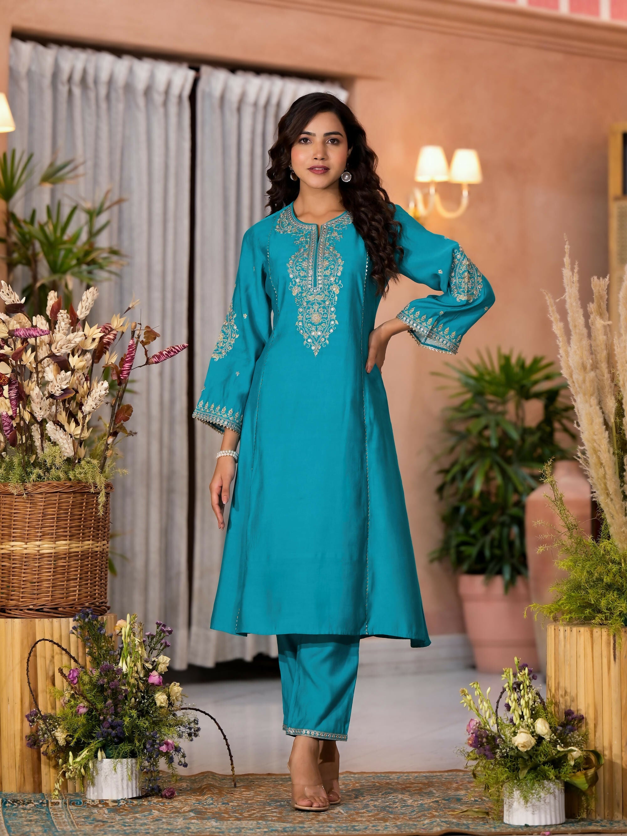 Juniper Women's Turquoise Zari Embroidered Viscose Kurta Pant And Dupatta Set With Lace & Mirror Work